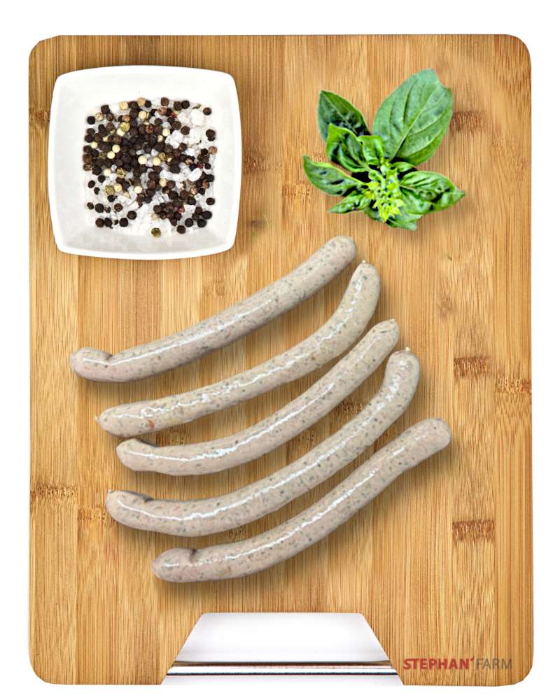 Fünf Bratwürste auf einem Brett