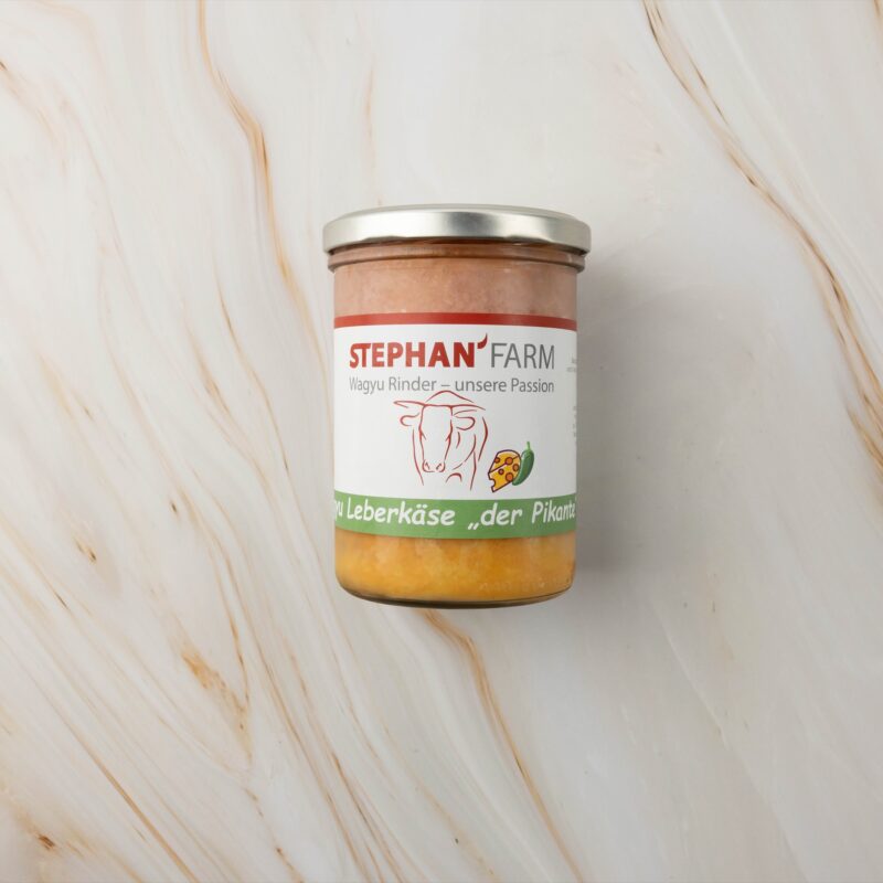 Glas mit pikantem Leberkäse, wagyu leberkäse pikant